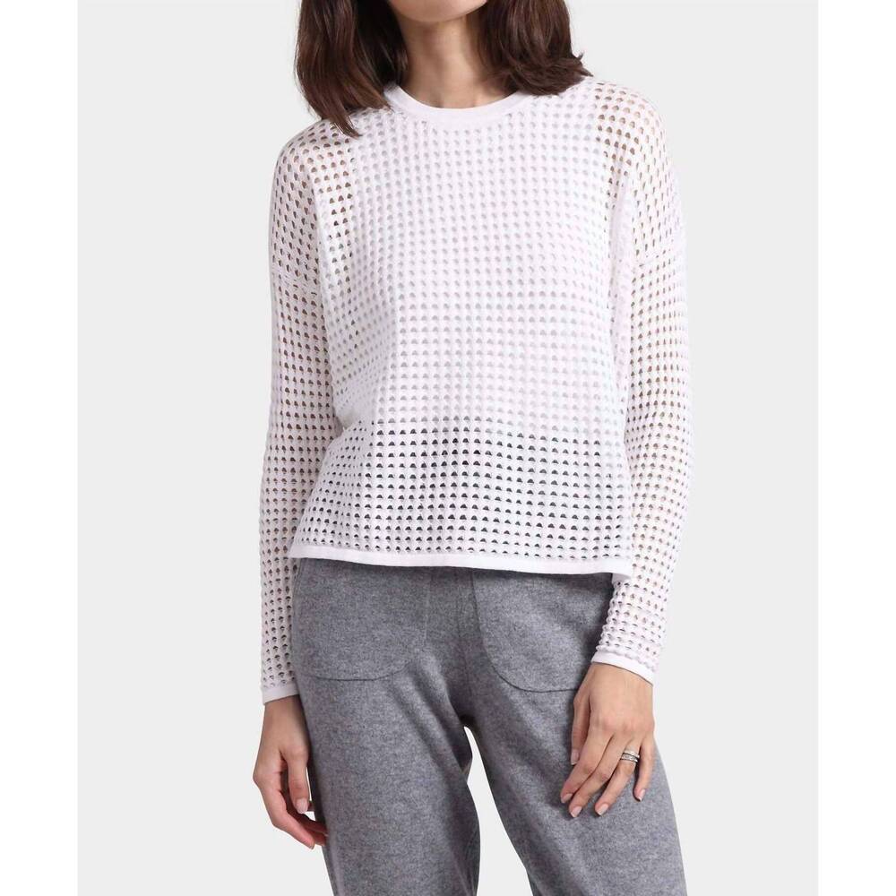 NEW MINNIE ROSE cotton cashmere open stitch pullover top in white